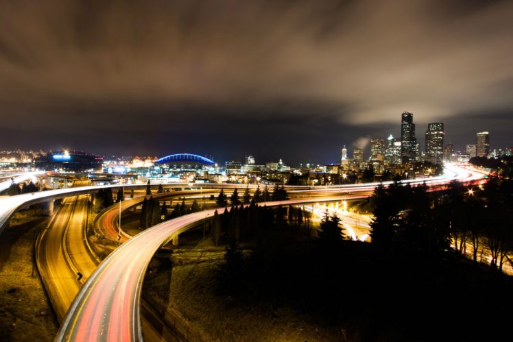 road, Long exposure, Interchange, Cityscape, Seattle, Night HD Wallpaper Desktop Background