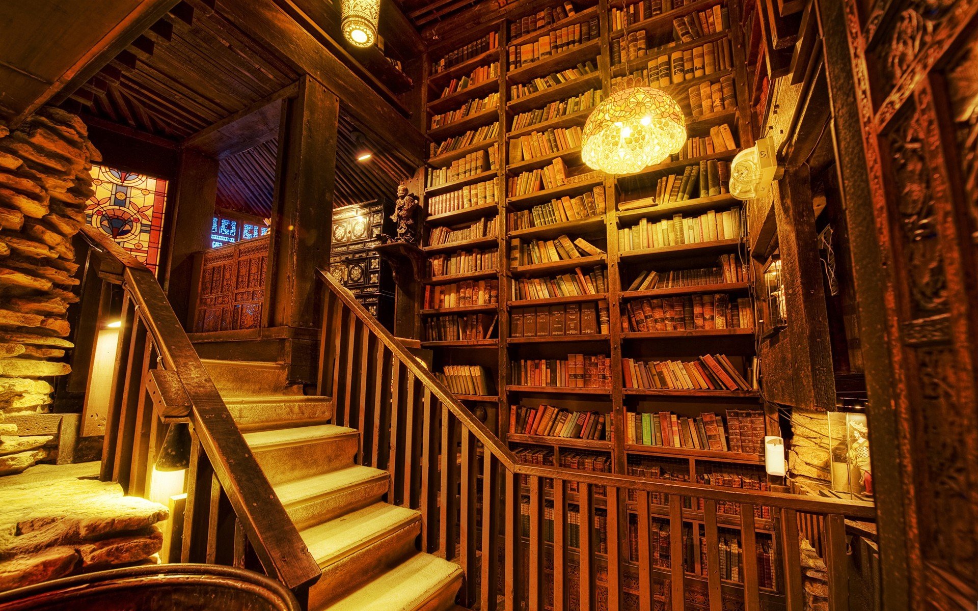 library, Stairs, Books, Lights, Interiors Wallpaper