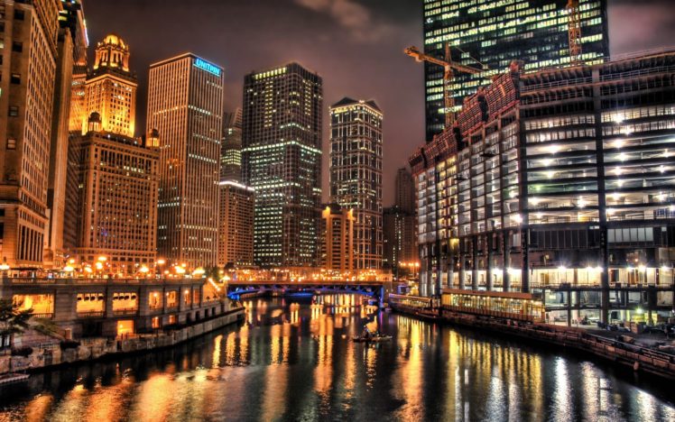HDR, Building, Reflection, Lights, Cityscape, Chicago, Cranes (machine), Canal HD Wallpaper Desktop Background