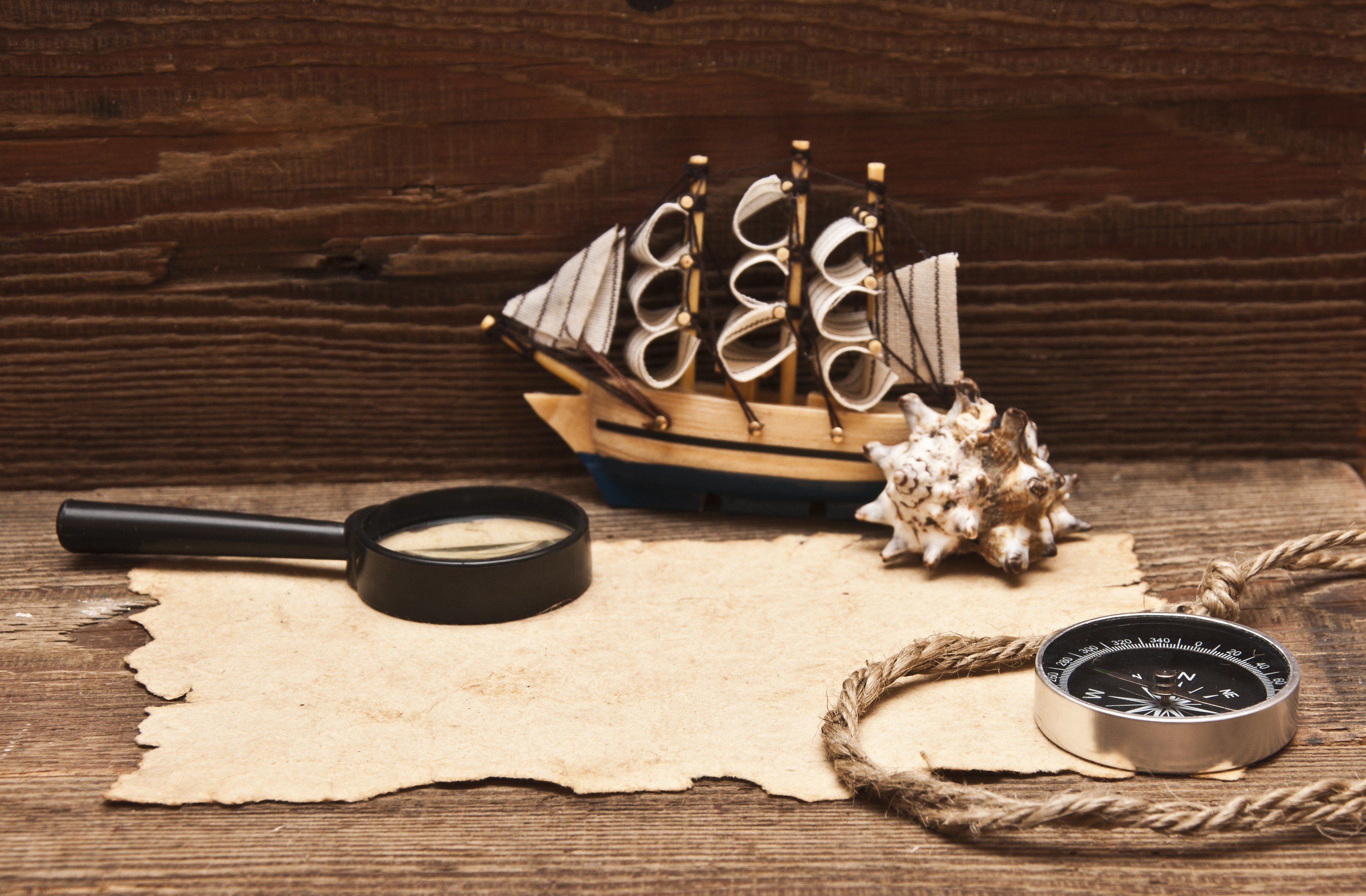 wood, Sailing ship, Magnifying glasses, Compass, Ropes, Sheet Wallpaper