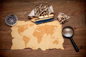 wood, Sailing ship, Magnifying glasses, Compass, World map