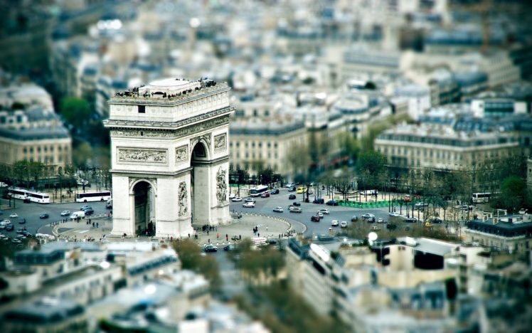 tilt shift, Paris, Cityscape, Blurred, Architecture, Arc de Triomphe HD Wallpaper Desktop Background