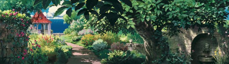 Studio Ghibli, Porco Rosso, Multiple display, Garden, Gazebo, Path HD Wallpaper Desktop Background
