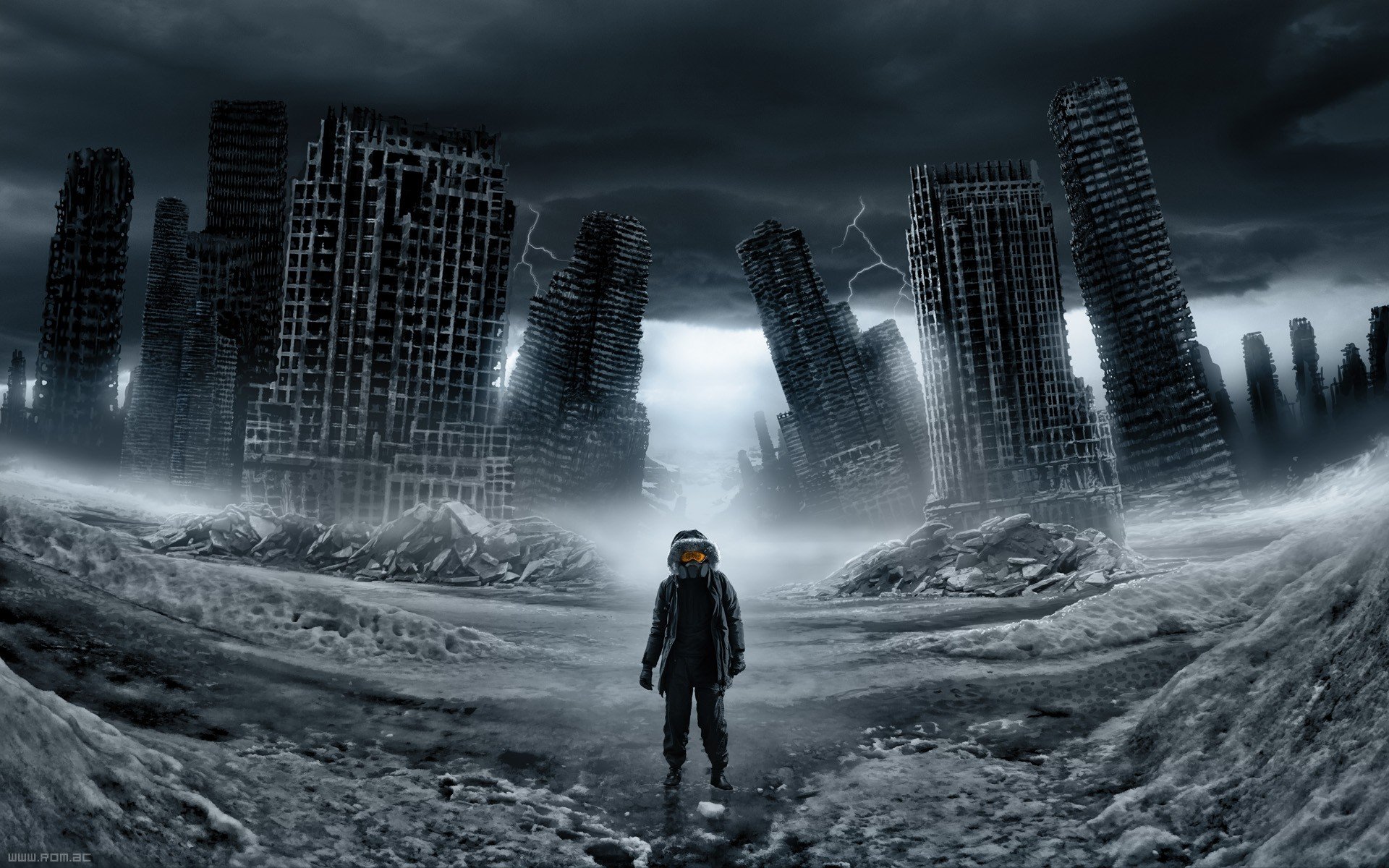 science fiction, Vitaly S Alexius, Romantically Apocalyptic, Lightning, Ruin, Gas masks Wallpaper