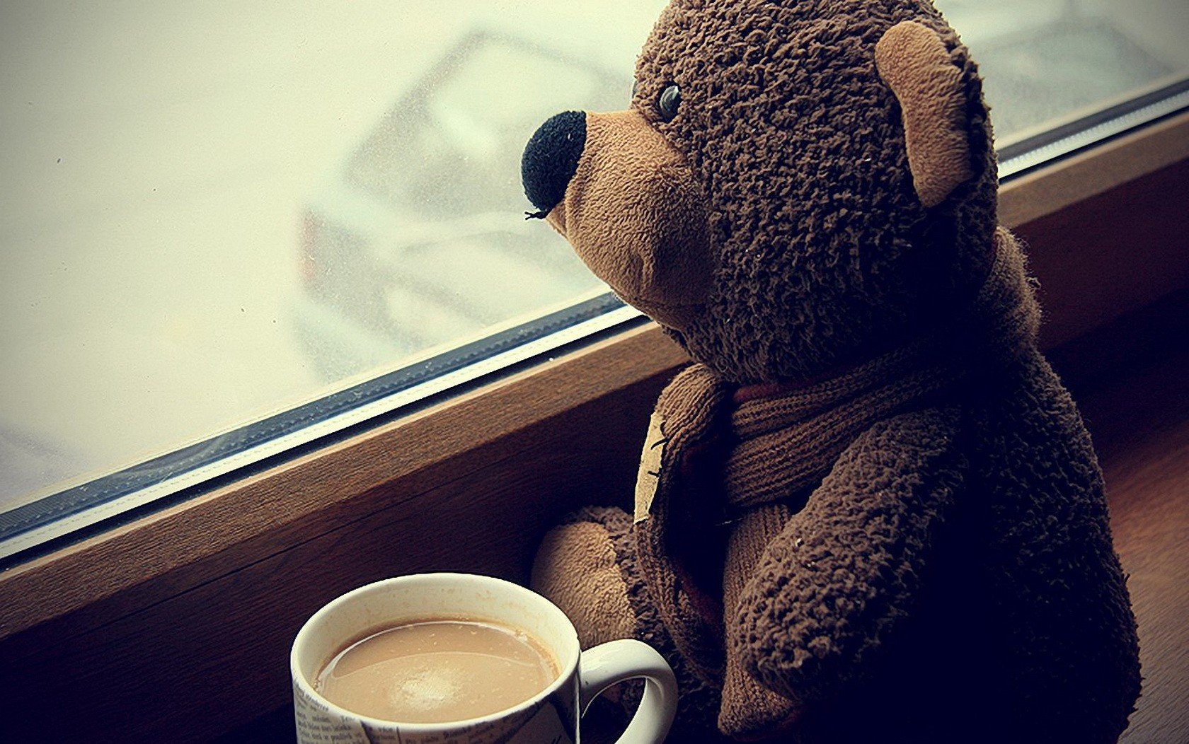 teddy bears, Coffee, Cup, Sitting, Sad Wallpaper