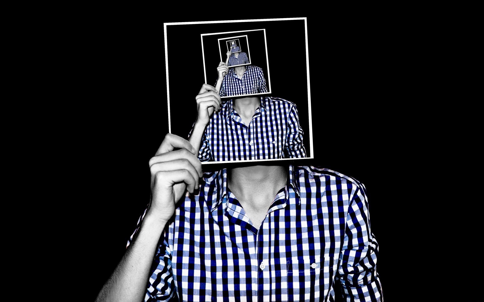 creativity, Photo manipulation, Men, Checkered, Shirt, Picture frames, Multiple display, Optical illusion, Black background, Selective coloring, Recursion Wallpaper