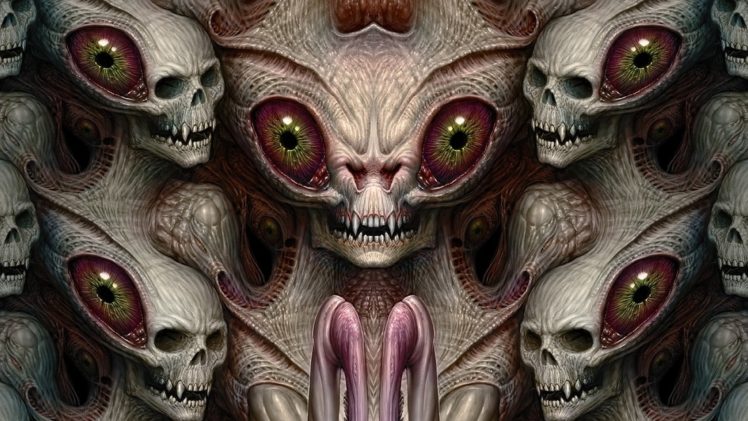 aliens, Creature, Drawing, Skull, Eyes, Teeth, Symmetry HD Wallpaper Desktop Background
