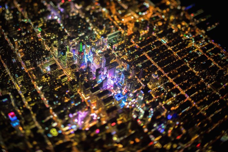 New York City, Tilt shift, Times Square, USA, Night, City, Aerial view HD Wallpaper Desktop Background