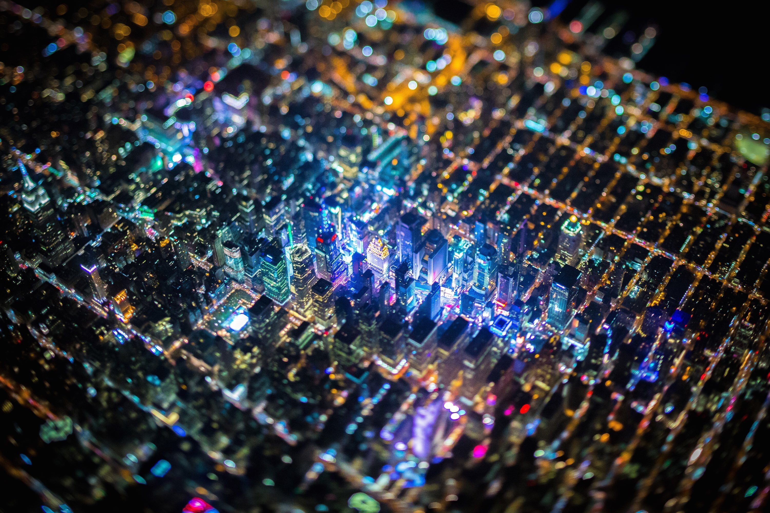 tilt shift, USA, Night, City, Aerial view, Cityscape, Lights Wallpaper
