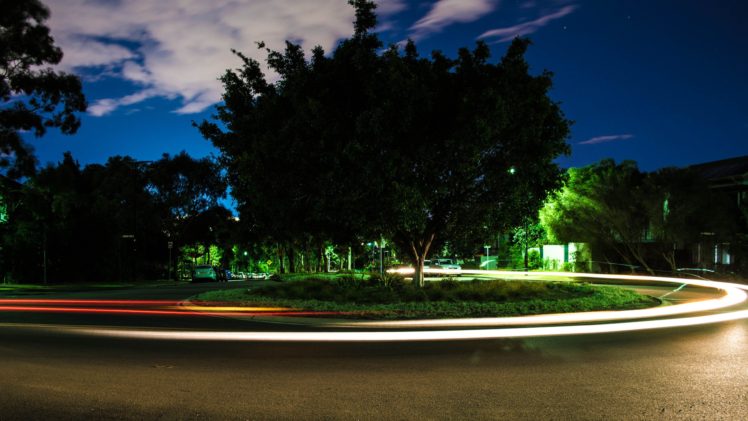 roundabouts, Long exposure, Road, Trees, Night, HDR, Lights HD Wallpaper Desktop Background