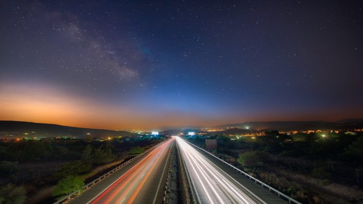 highway, Night, Road, Light trails, Cyprus, Milky Way HD Wallpaper Desktop Background