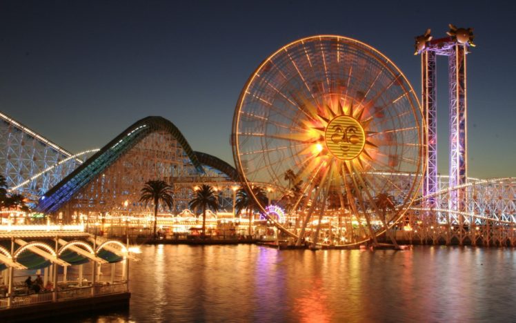 ferris wheel, Theme parks, Water, Lights, Palm trees HD Wallpaper Desktop Background