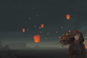 sky lanterns, Windy, Original characters, Night