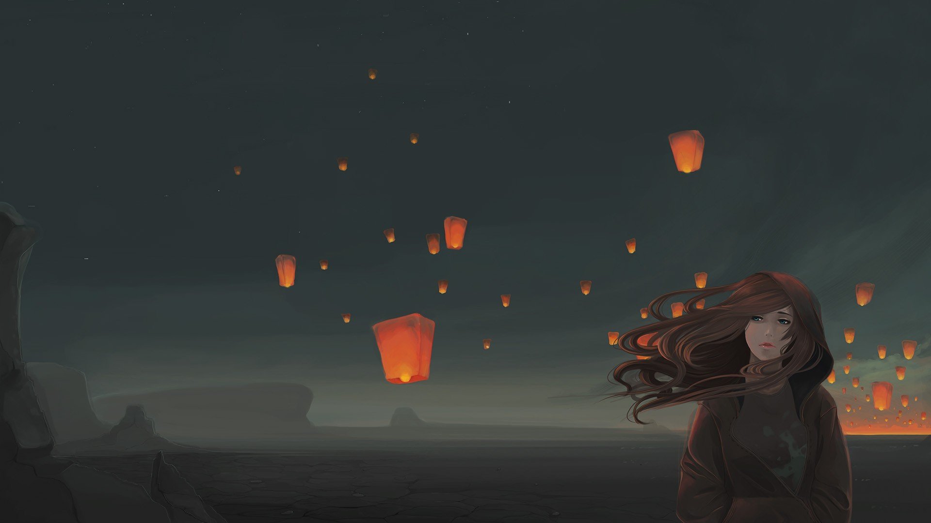 sky lanterns, Windy, Original characters, Night Wallpaper