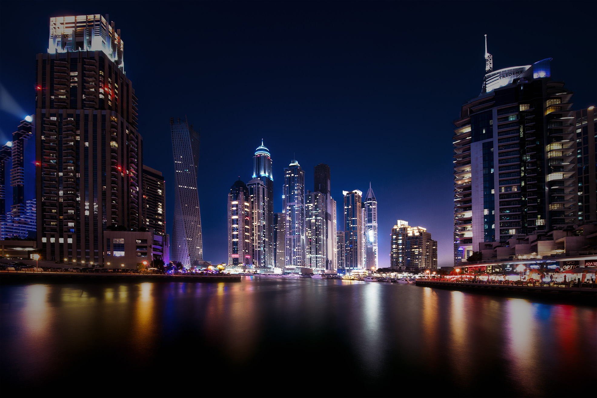 city, Cityscape, Night, Dubai, United Arab Emirates, Water, Architecture, Building, Modern, Lights, Reflection, Long exposure Wallpaper