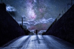 nebula, Road, Silhouette, Night