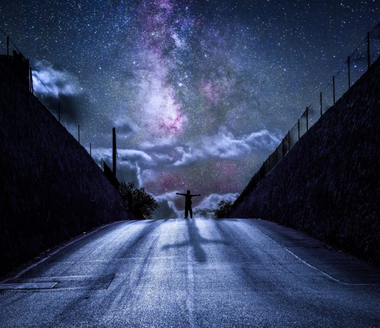 nebula, Road, Silhouette, Night HD Wallpaper Desktop Background