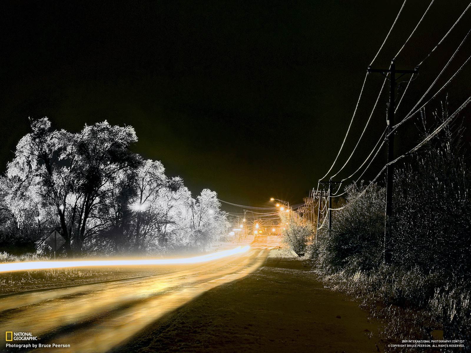 National Geographic, Power lines, Light trails, Road Wallpaper