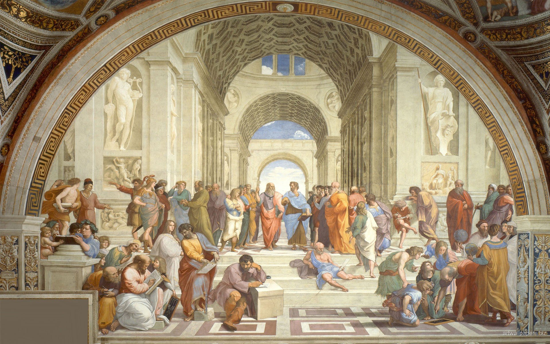 Raphael, Athens, Philosophy, Arch, Architecture, Painting, Students, Steps, Classic art, Socrates, Greek philosophers Wallpaper