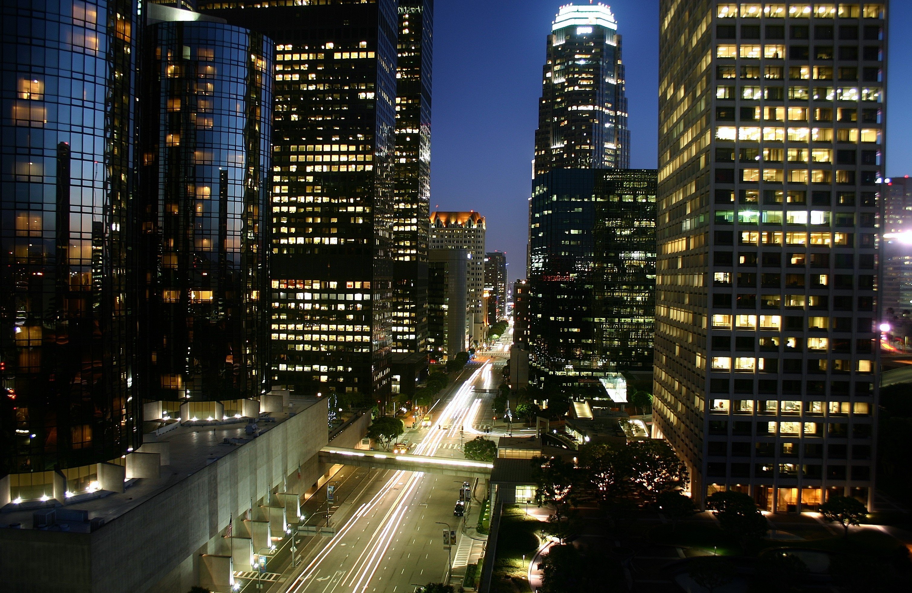 Los Angeles, Night, Light trails, Cityscape, Skyscraper Wallpaper