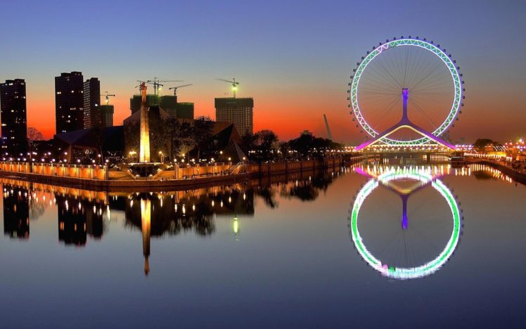 city, Ferry, China, Reflection, Ferris wheel HD Wallpaper Desktop Background