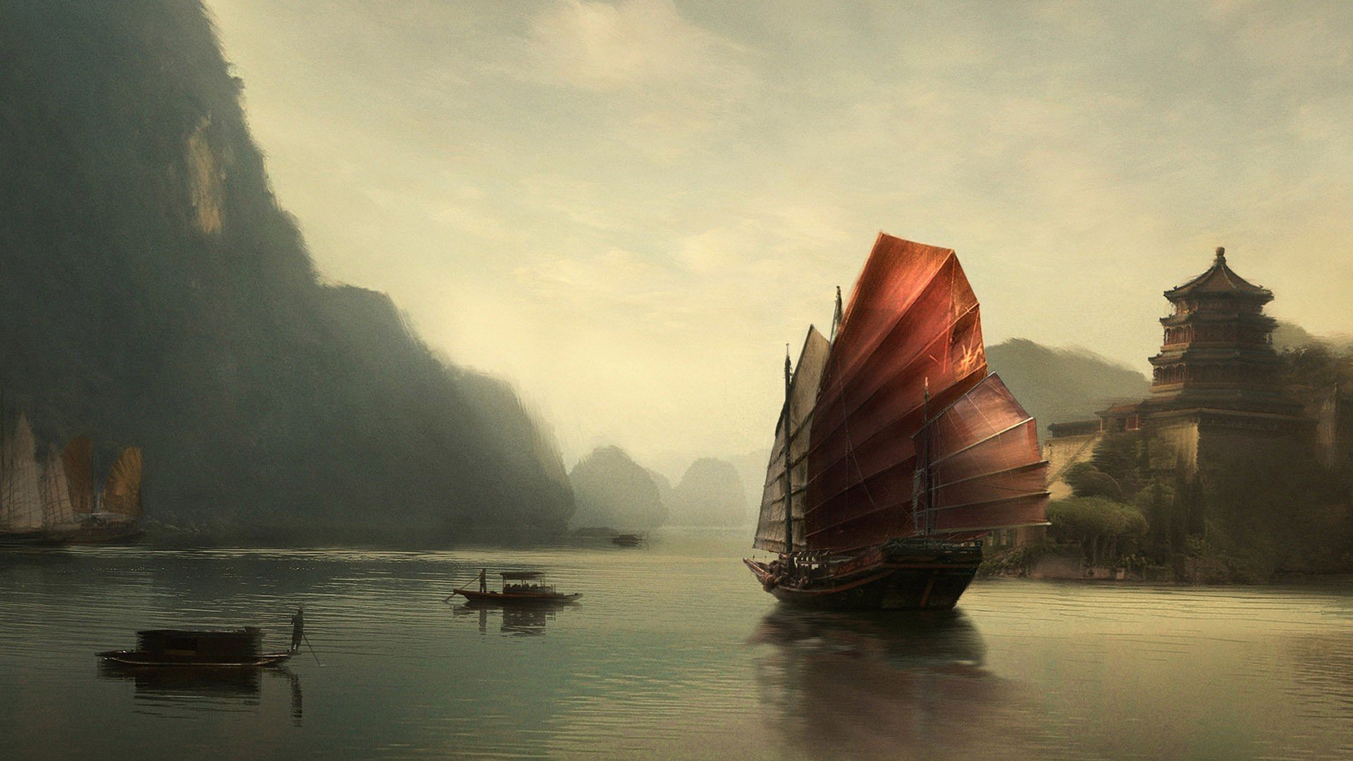 China, Sailing ship, Reflection, Mountain Wallpaper