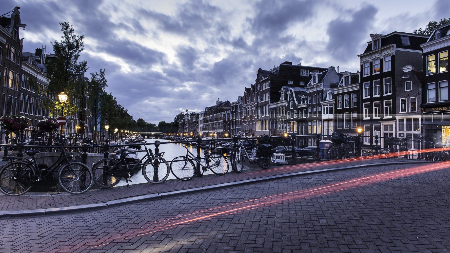 Netherlands, Amsterdam, Canal, Light trails, Road, Bicycle, House Wallpaper