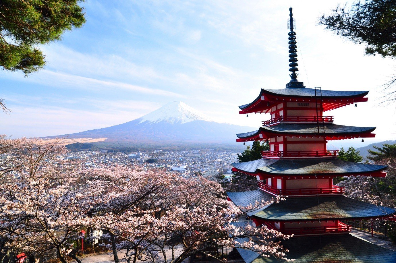 Japan, Asian architecture, Mount Fuji, Cherry blossom Wallpaper