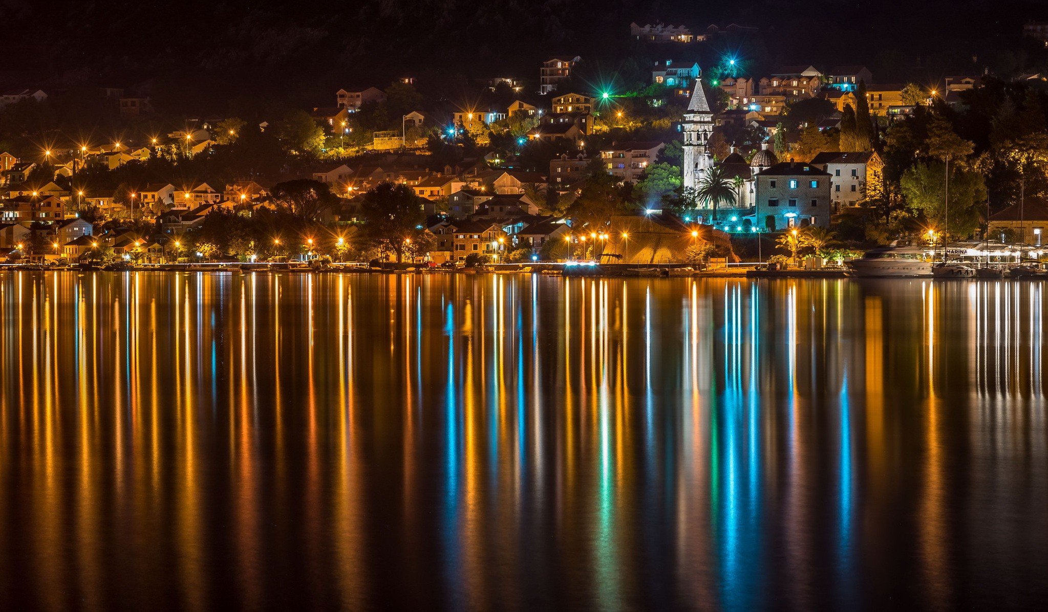 cityscape, Night, Lights, Building, Reflection, Water, Church, Trees, Montenegro, Town, Yachts Wallpaper