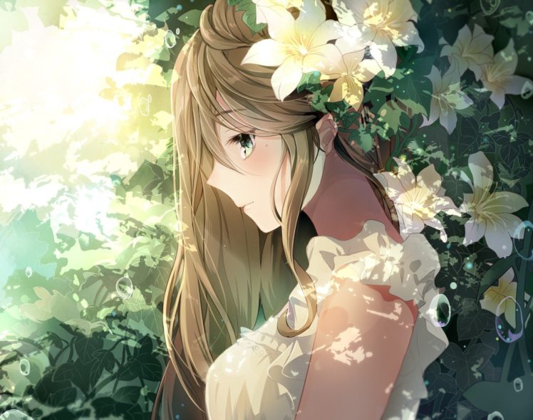 long hair, Brunette, Green eyes, Anime, Anime girls, Flowers HD Wallpaper Desktop Background