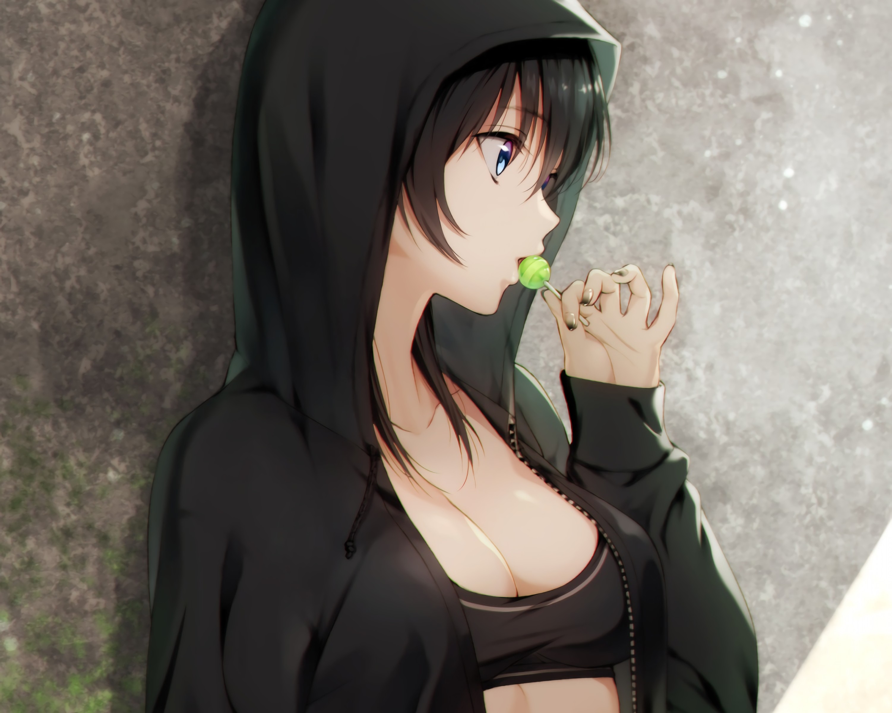 blue eyes, Cleavage, Anime, Anime girls, Black hair, Candies, Open shirt Wallpaper