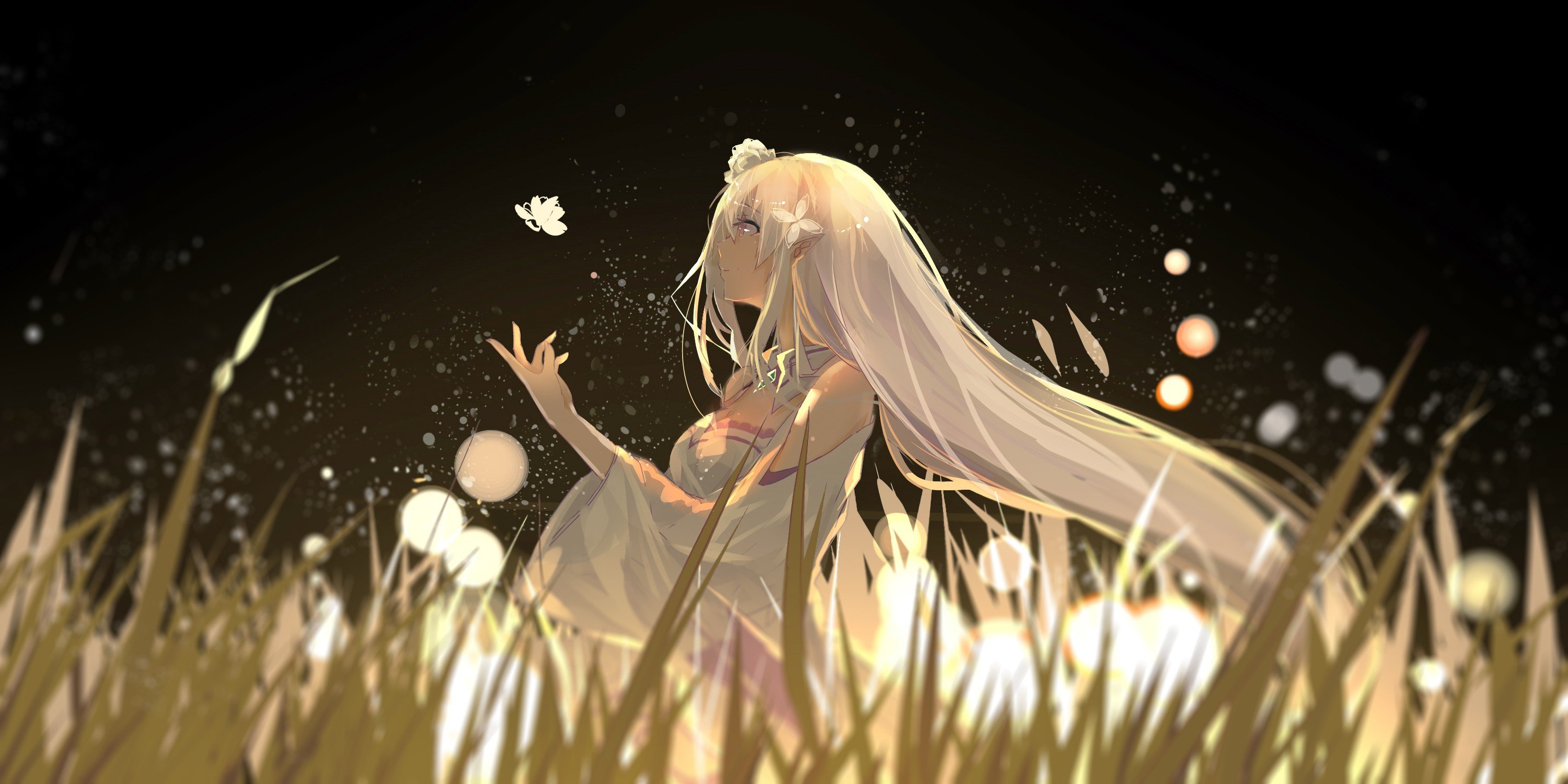 white hair, Cleavage, Emilia (Re: Zero), Re: Zero Kara Hajimeru Isekai Seikatsu, Grass Wallpaper