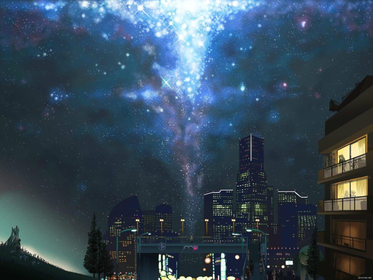 anime, Night, Sky, City, Stars HD Wallpaper Desktop Background