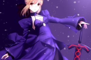 cleavage, Short hair, Blonde, Anime, Anime girls, Fate Stay Night, Saber, Saber Alter, Dress, Sword, Weapon, Open shirt