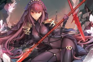 long hair, Red eyes, Anime, Anime girls, Fate Grand Order, Scathach ( Fate Grand Order ), Bodysuit, Weapon