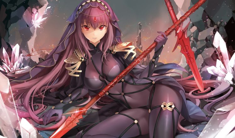 long hair, Red eyes, Anime, Anime girls, Fate Grand Order, Scathach ( Fate Grand Order ), Bodysuit, Weapon HD Wallpaper Desktop Background