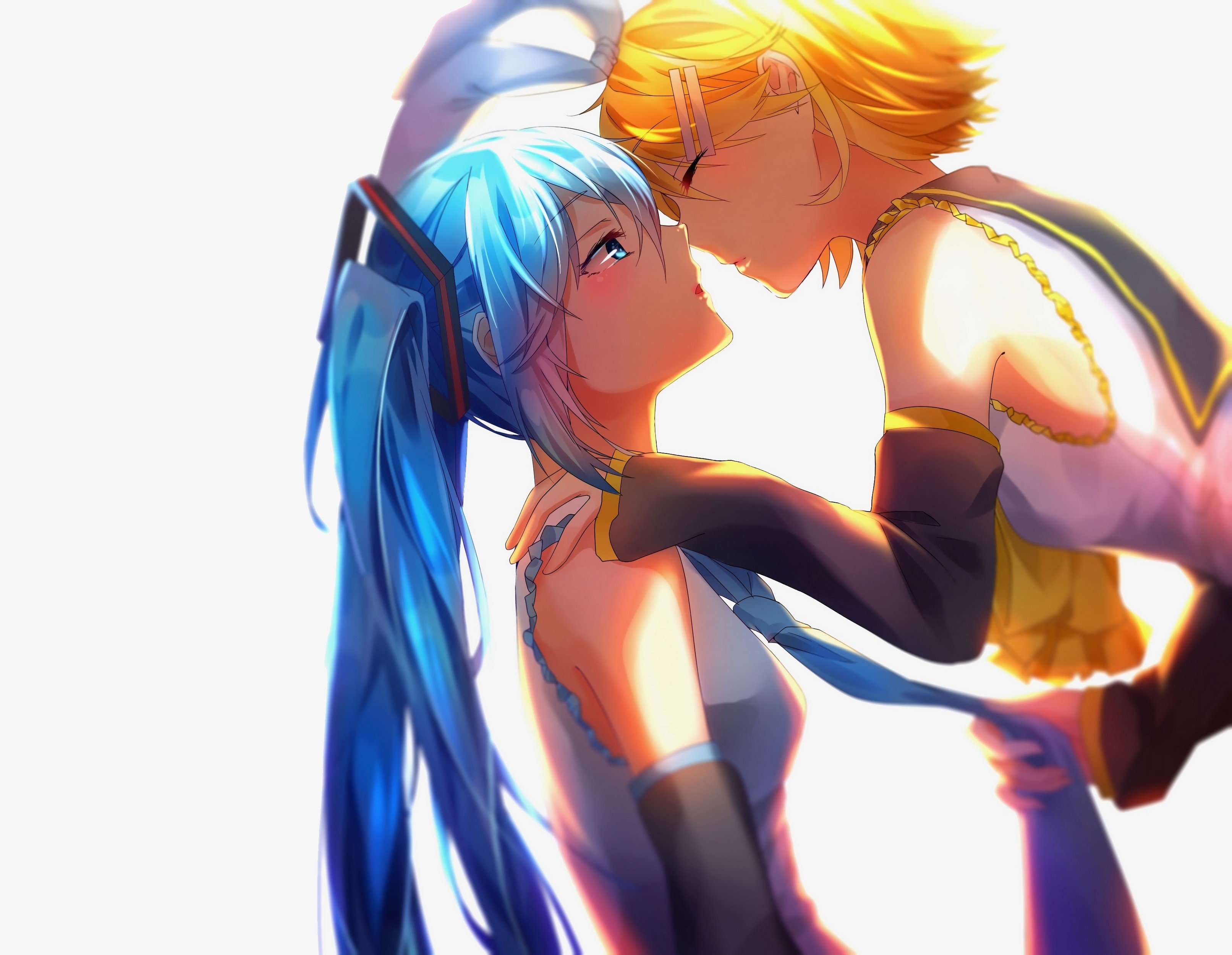 long hair, Short hair, Blue hair, Blue eyes, Yellow hair, Anime, Anime girls, Vocaloid, Hatsune Miku, Kagamine Rin, Kissing, Twintails, Yuri Wallpaper