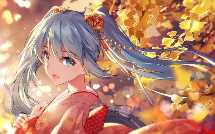 long hair, Blue hair, Blue eyes, Anime, Anime girls, Vocaloid, Hatsune Miku, Kimono, Japanese clothes, Twintails HD Wallpaper Desktop Background