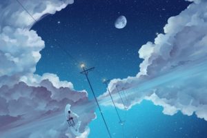 anime, Anime girls, Bears, Clouds, Moon