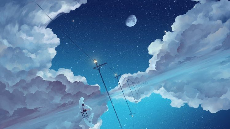 anime, Anime girls, Bears, Clouds, Moon HD Wallpaper Desktop Background