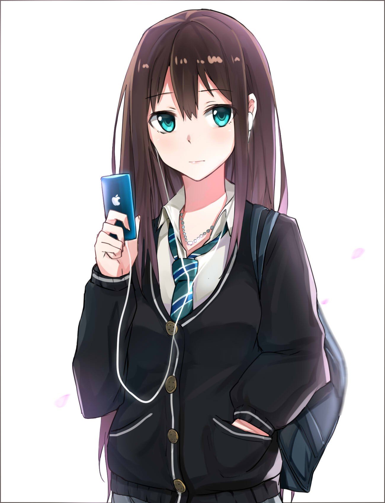 long hair, Brunette, Anime, Anime girls, THE iDOLM@STER: Cinderella Girls, THE iDOLM@STER, Shibuya Rin, Sweater, Aqua eyes, Smartphone, Headphones Wallpaper