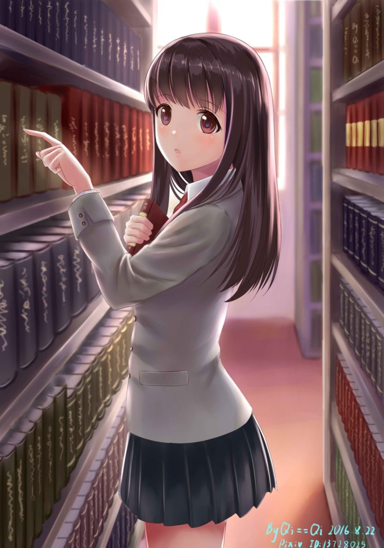 long hair, Brunette, Anime, Anime girls, Brown eyes, Library, Books, Skirt HD Wallpaper Desktop Background