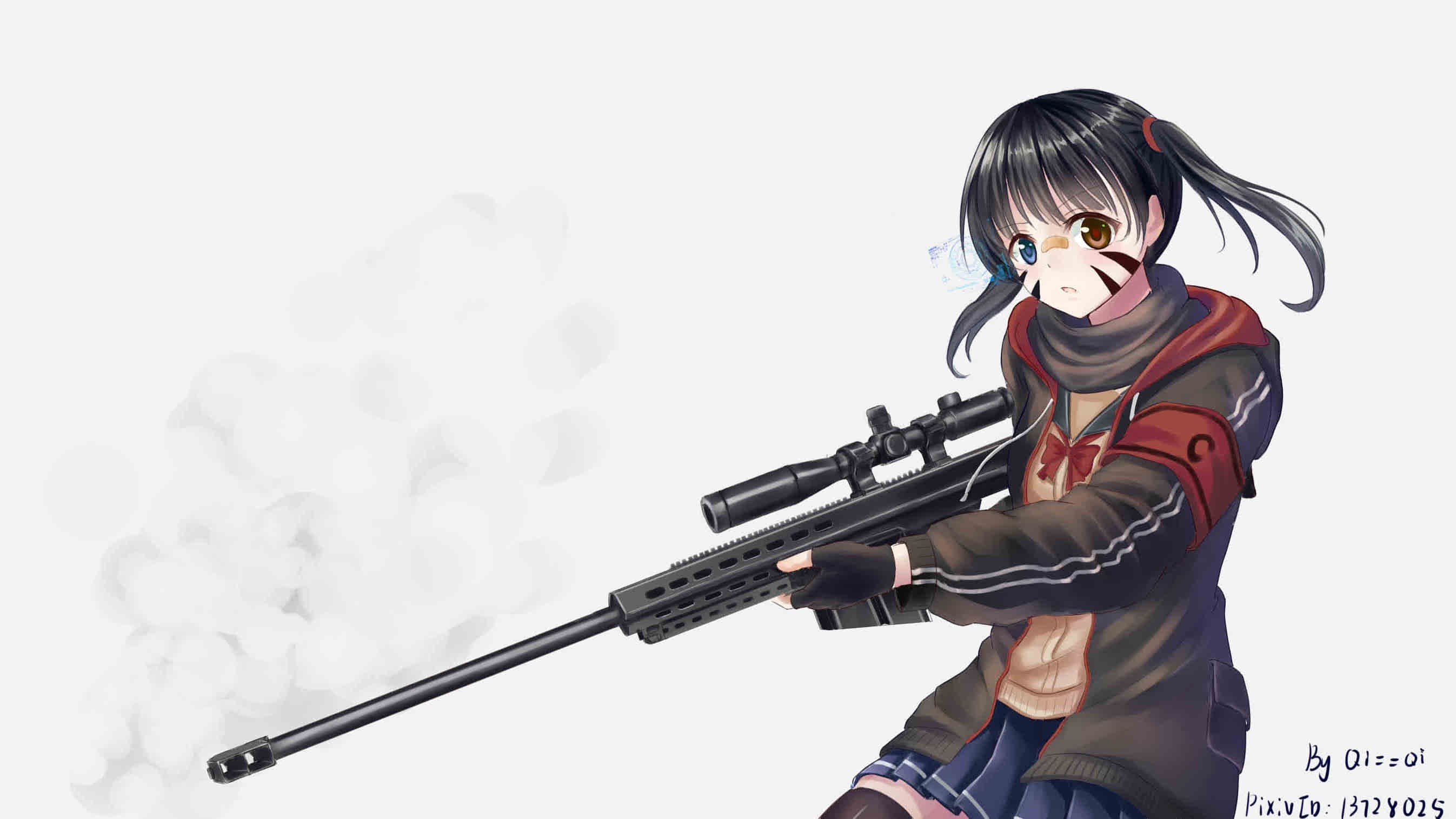 short hair, Anime, Anime girls, Twintails, Black hair, Weapon, Gun, Sniper rifle, Skirt, Stockings Wallpaper