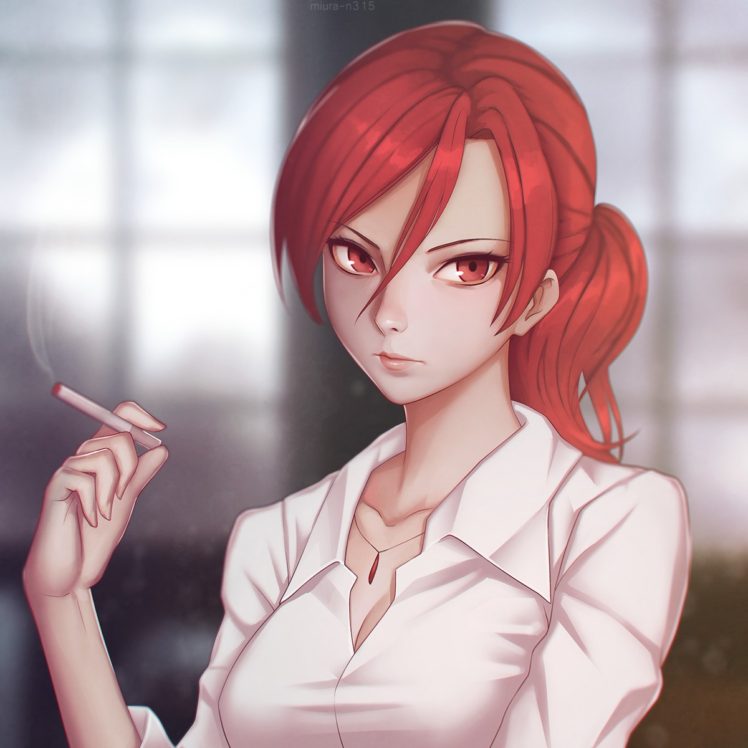 Long Hair Redhead Red Eyes Anime Anime Girls Open Shirt Smoking Aozaki Touko Kara No 