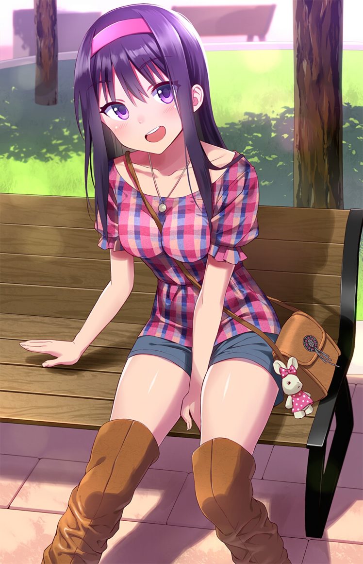 long hair, Purple hair, Purple eyes, Anime, Anime girls, Park, Shorts, Zettai ryouiki HD Wallpaper Desktop Background
