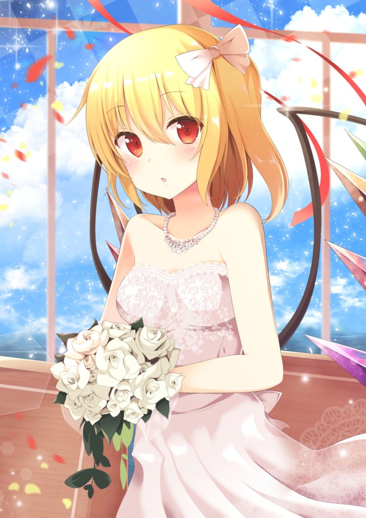 short hair, Blonde, Red eyes, Anime, Anime girls, Touhou, Flandre Scarlet, Wedding dress, Flowers HD Wallpaper Desktop Background