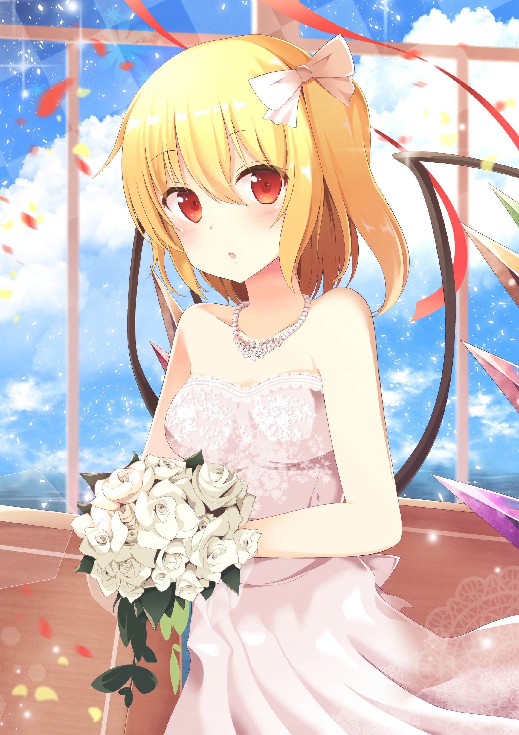 short hair, Blonde, Red eyes, Anime, Anime girls, Touhou, Flandre Scarlet, Wedding dress, Flowers Wallpaper