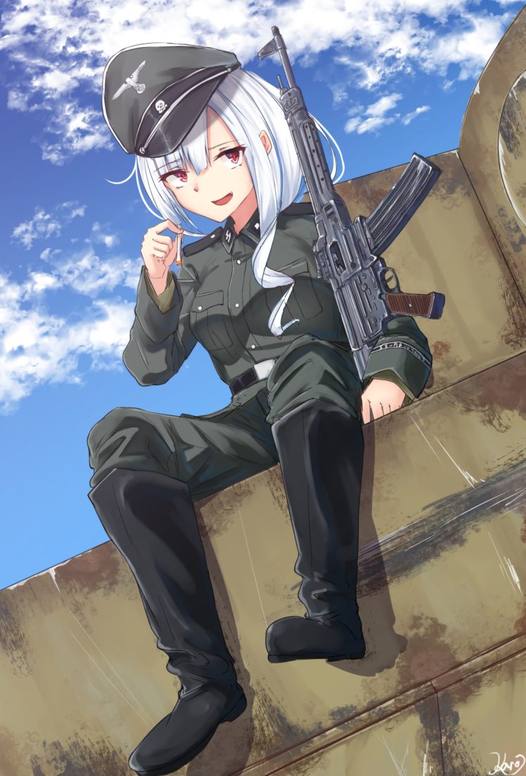 long hair, White hair, Red eyes, Anime, Anime girls, StG 44, Uniform, Waffen ss, Weapon, Gun, World War II HD Wallpaper Desktop Background