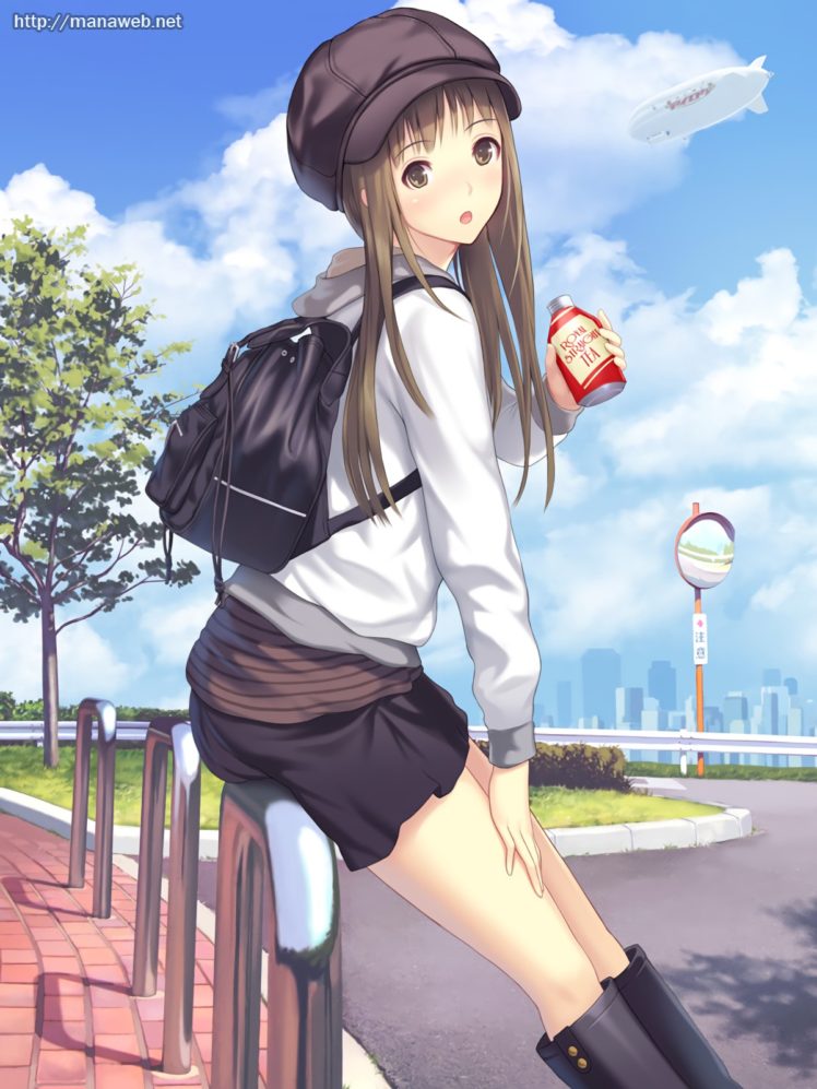 long hair, Brunette, Anime, Anime girls, Skirt, Hat, Clouds HD Wallpaper Desktop Background