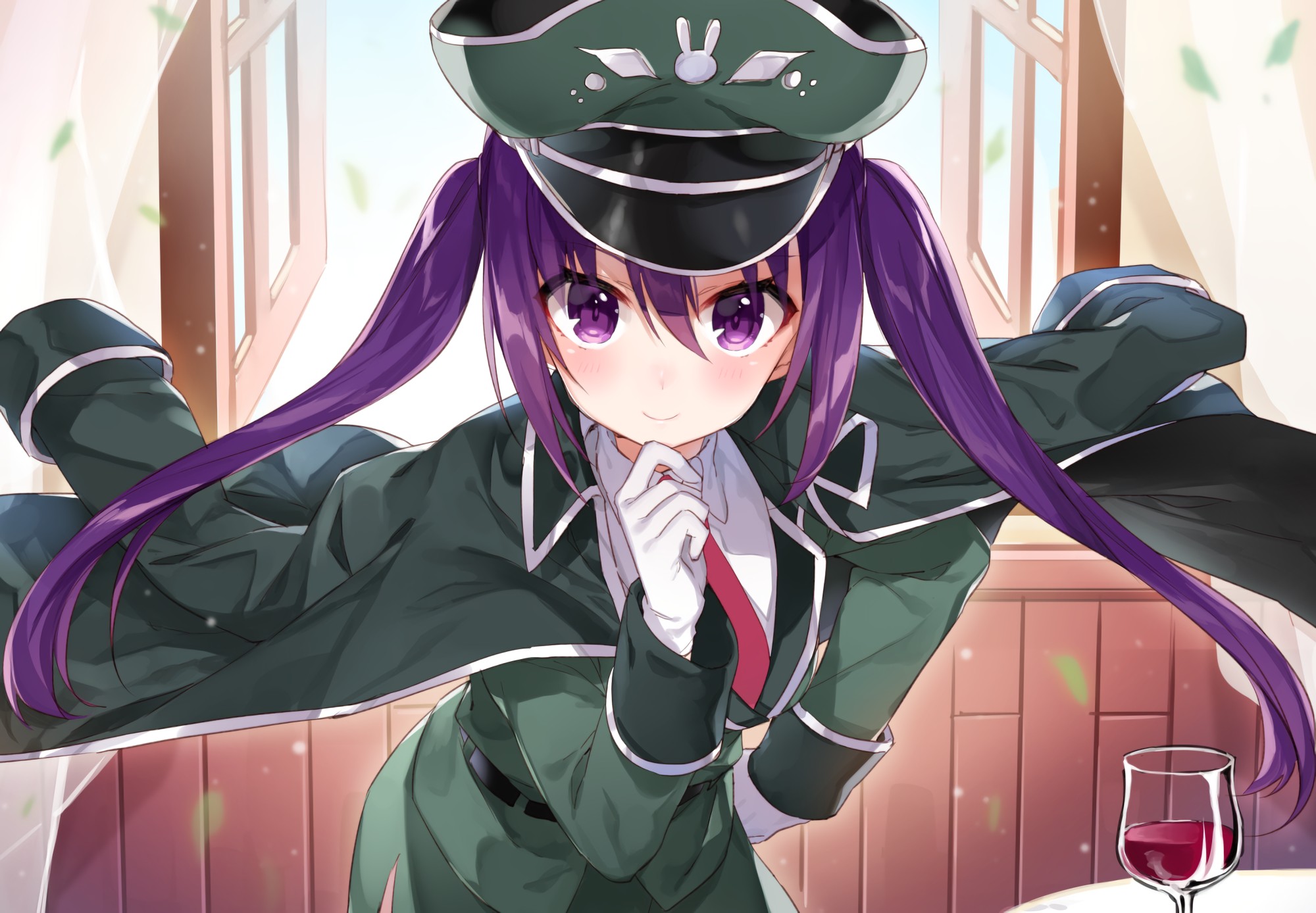 long hair, Purple hair, Purple eyes, Anime, Anime girls, Wine, Uniform